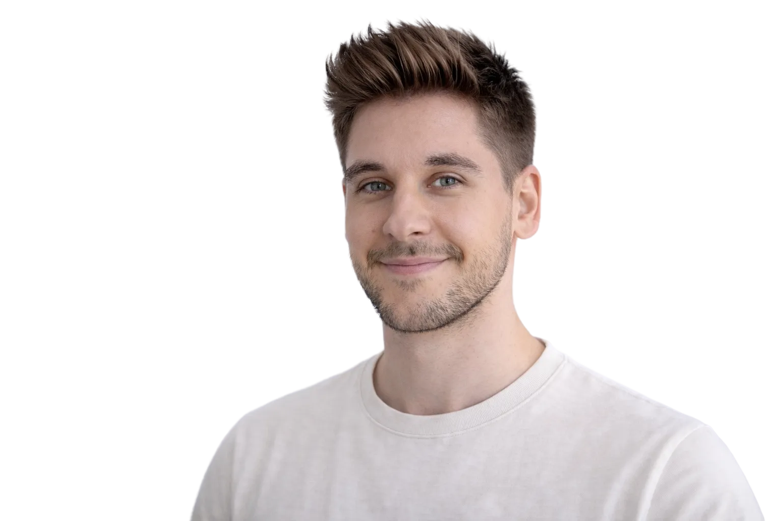 Portrait of a young smiling man with short hair, stubble and a white T-shirt.