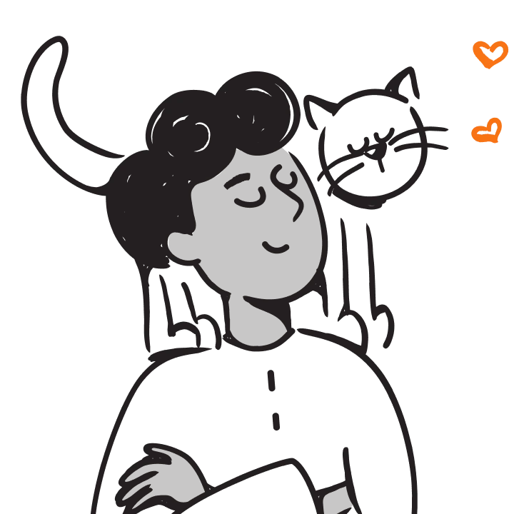 A black and white illustration with orange hearts depicting a young, smiling man with a cat on his shoulders.