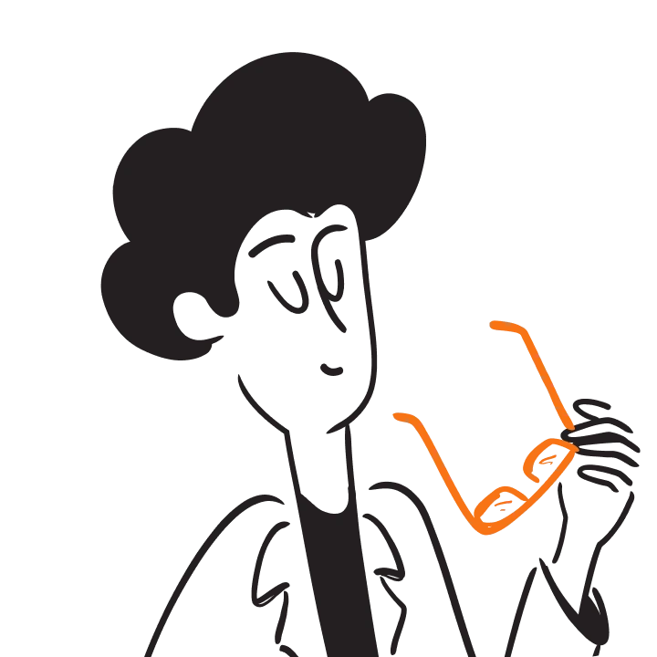 Black and white illustration of orange glasses held by a doctor in a lab coat with a full head of hair.